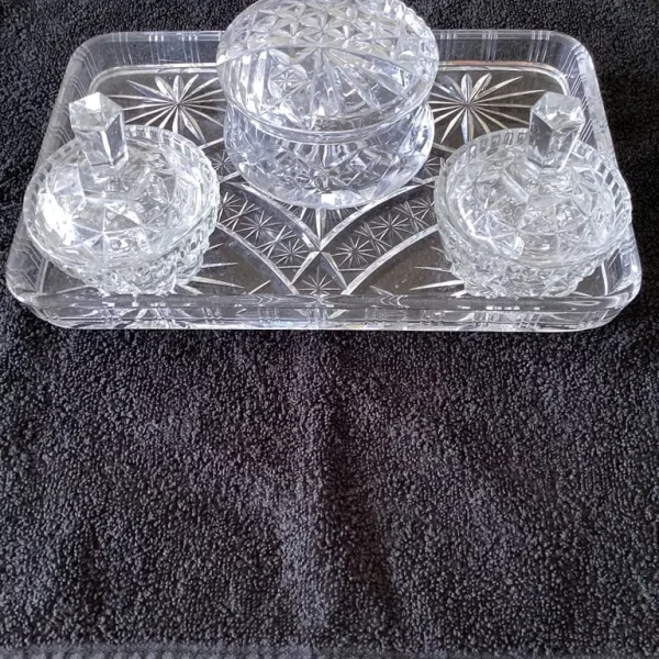 Vintage Cut Glass Tray with 3 Lidded Trinkets
