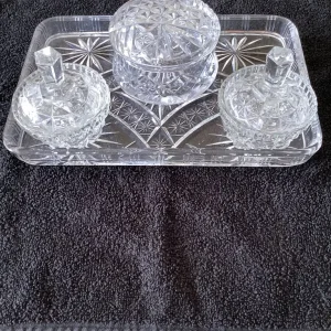 Vintage Cut Glass Tray with 3 Lidded Trinkets