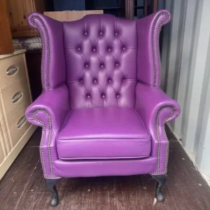 Chesterfield Wing Queen Anne High Back Wing Chair Purple Genuine Leather - Image 3