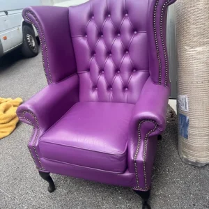 Chesterfield Wing Queen Anne High Back Wing Chair Purple Genuine Leather - Image 4