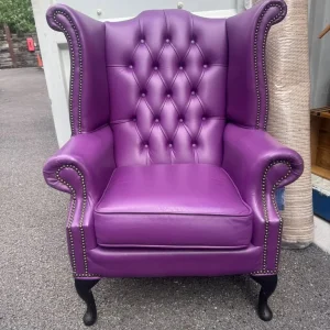 Chesterfield Wing Queen Anne High Back Wing Chair Purple Genuine Leather
