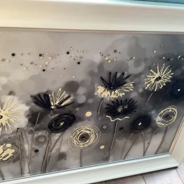 Large white framed picture with raised border and hanging chain