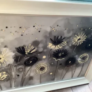 Large white framed picture with raised border and hanging chain