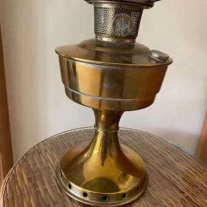 Vintage Brass Oil Lamp with White and Red Shades - Image 3