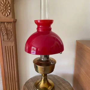 Vintage Brass Oil Lamp with White and Red Shades - Image 4