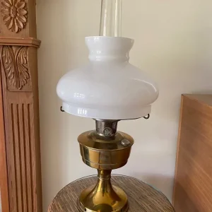 Vintage Brass Oil Lamp with White and Red Shades