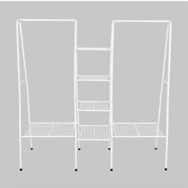 White metal garment rack with 4 tiers and 6 shelves