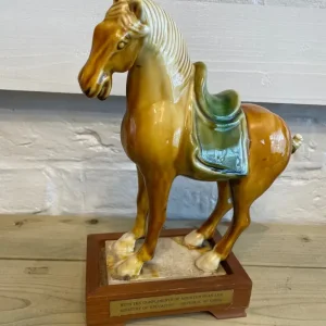 Tang dynasty style glazed porcelain war horse with minister huan lee inscription