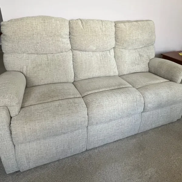 Beige sofa, chair and footstool