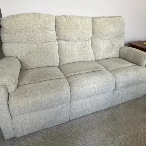Beige sofa, chair and footstool