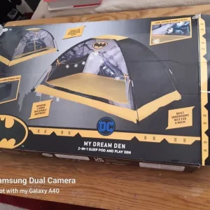 Batman tent, blow-up mattress, and backpack