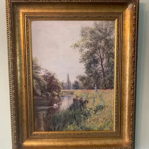 The Thames at Purley with swans in a golden frame