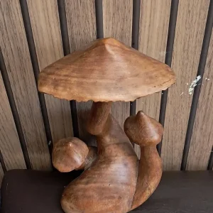 Large 11-inch Wooden Mushroom Triple Toadstool Sculpture - Image 3