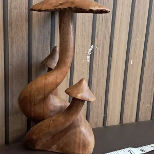 Large 11-inch Wooden Mushroom Triple Toadstool Sculpture