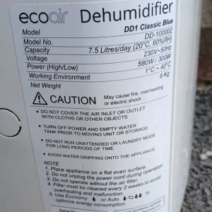 Ecoair DD1 Classic MK6 Desiccant Dehumidifier with Ioniser, White - Image 6