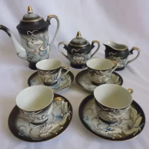 Vintage Porcelain Tea Coffee Set Japanese Dragon Embossed Cups Saucers