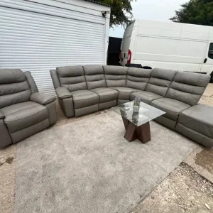 Large Grey Leather Recliner Corner Sofa with Matching Chair - Image 2