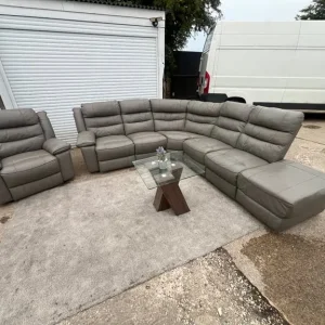 Large Grey Leather Recliner Corner Sofa with Matching Chair - Image 3