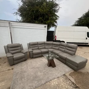 Large Grey Leather Recliner Corner Sofa with Matching Chair - Image 4