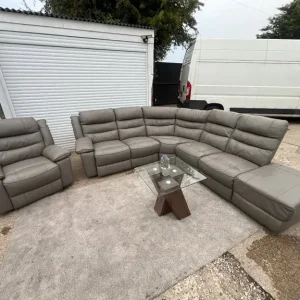 Large Grey Leather Recliner Corner Sofa with Matching Chair