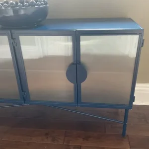 Navy metal and ribbed glass long cabinet - Image 2