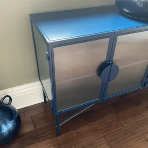 Navy metal and ribbed glass long cabinet - Image 4
