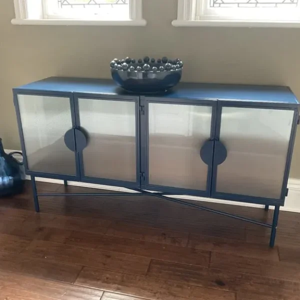 Navy metal and ribbed glass long cabinet
