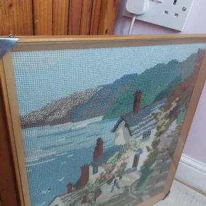 Vintage Embroidered Wool Tapestry of a Seafront Cottage - Image 4