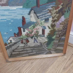 Vintage Embroidered Wool Tapestry of a Seafront Cottage - Image 5