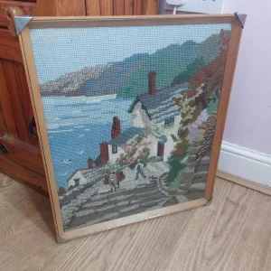 Vintage Embroidered Wool Tapestry of a Seafront Cottage - Image 6