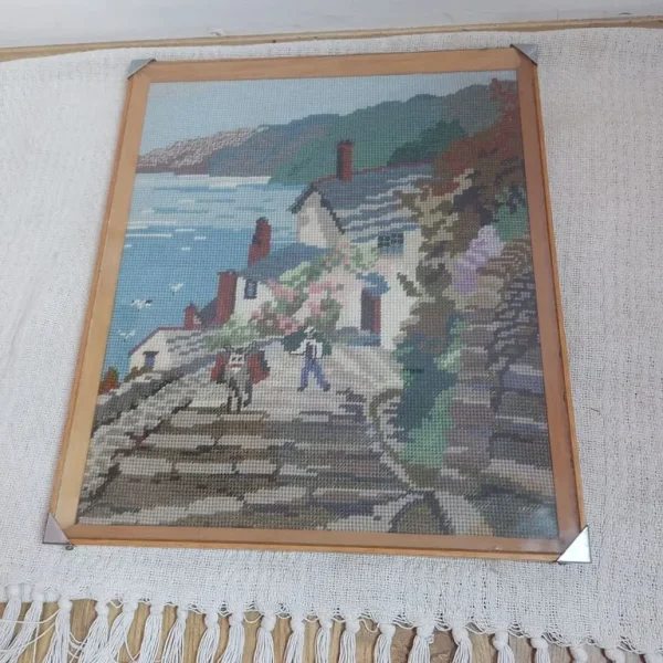 Vintage Embroidered Wool Tapestry of a Seafront Cottage