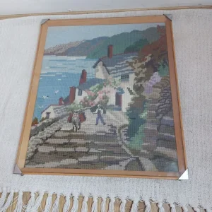 Vintage Embroidered Wool Tapestry of a Seafront Cottage