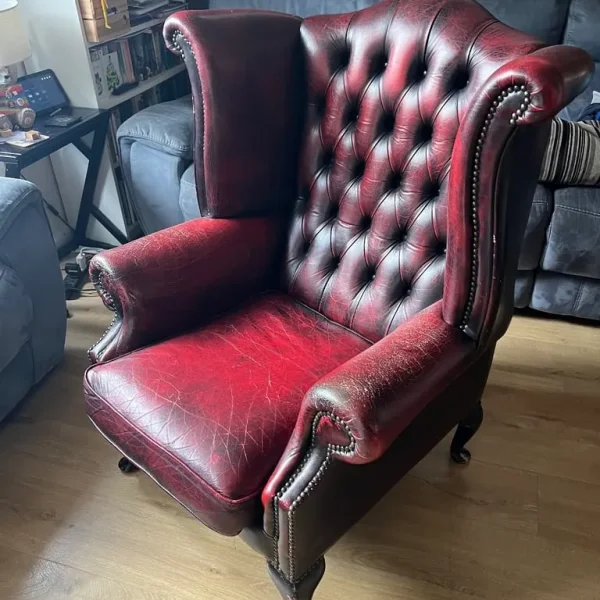Chesterfield armchair – Queen Anne style, oxblood, single seater
