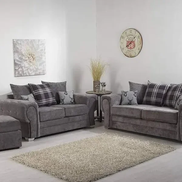Verona Sofa 3+2 Seater – Grey Velvet, Plush, Classic Chrome Legs