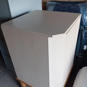WOODEN CORNER STORAGE UNIT, BOOKCASE, SHOE CUPBOARD & TWO CHEST OF DRAWERS
