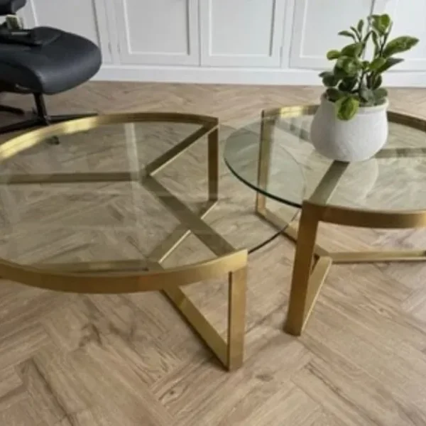 2 Pcs Rounded Glass Coffee Table Set - Gold