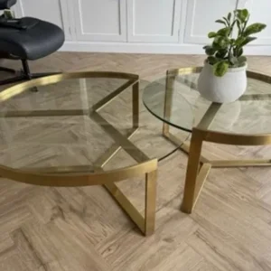 2 Pcs Rounded Glass Coffee Table Set - Gold