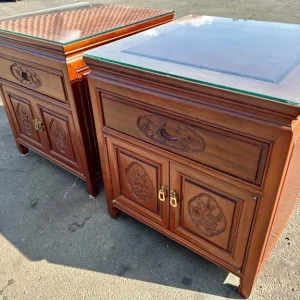 Pair of Heavy Oriental-Style Solid Wood Side Cabinets with Glass Tops - Image 2