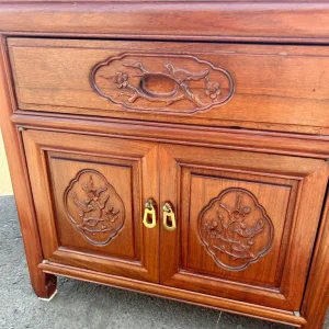 Pair of Heavy Oriental-Style Solid Wood Side Cabinets with Glass Tops - Image 4