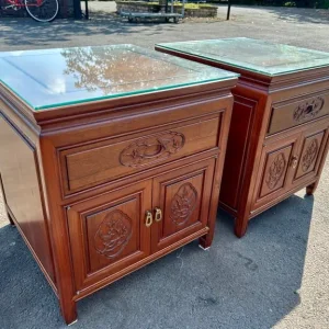 Pair of Heavy Oriental-Style Solid Wood Side Cabinets with Glass Tops - Image 6