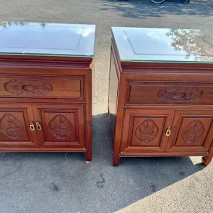 Pair of Heavy Oriental-Style Solid Wood Side Cabinets with Glass Tops - Image 7