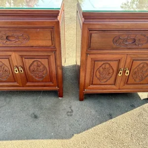 Pair of Heavy Oriental-Style Solid Wood Side Cabinets with Glass Tops