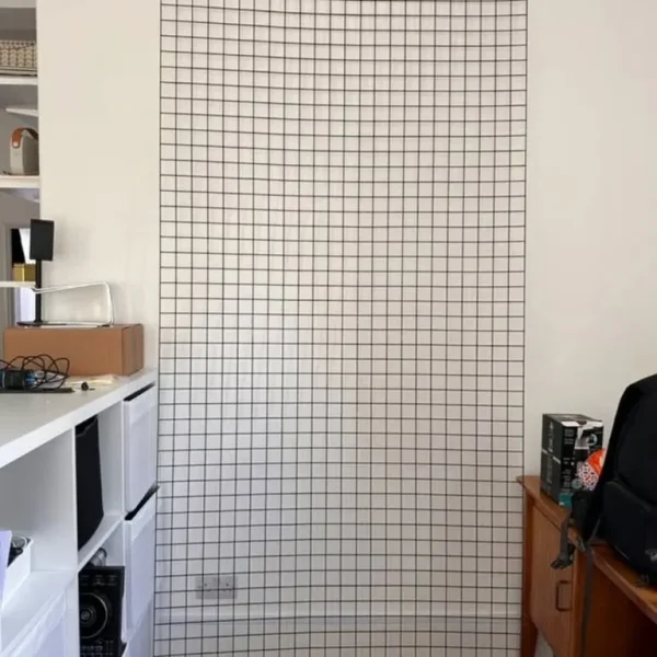 Two black metal grid wall panels