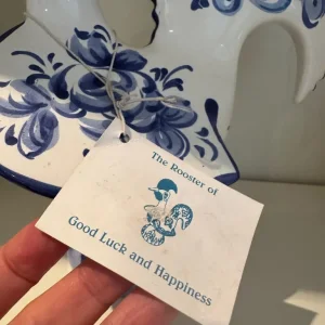 Vintage blue and white china rooster with good luck tag - Image 2
