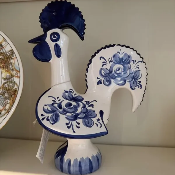 Vintage blue and white china rooster with good luck tag