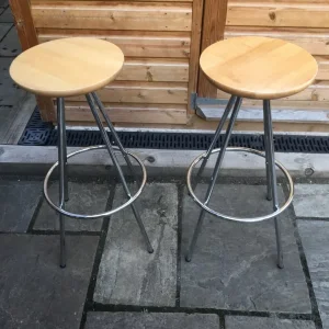 Two identical tubular metal framed stools with round wooden seats - Image 3