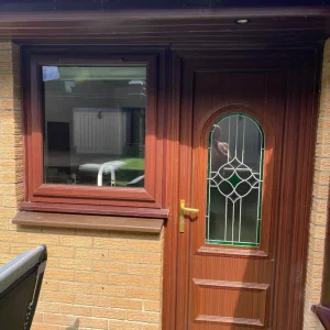 PVC doors with rosewood frames and coloured glass