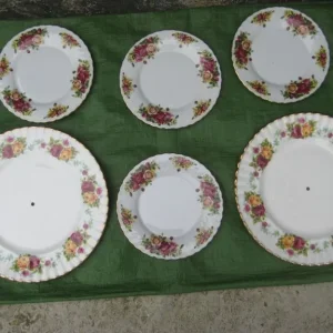 2 Large Cake Plates and 4 Smaller Rose Pattern Bone China Plates