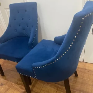 2 Blue Velvet Knocker Dining Chairs with Studs - Image 3