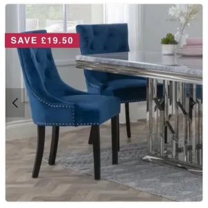 2 Blue Velvet Knocker Dining Chairs with Studs - Image 5